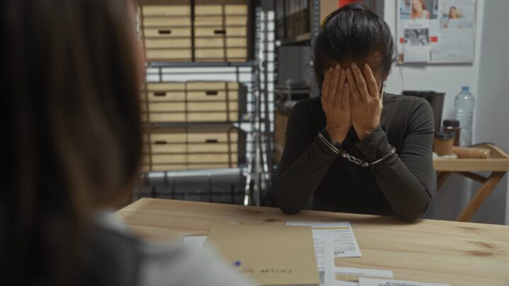 Handcuffed woman covers face at police station, folder and paperwork on desk