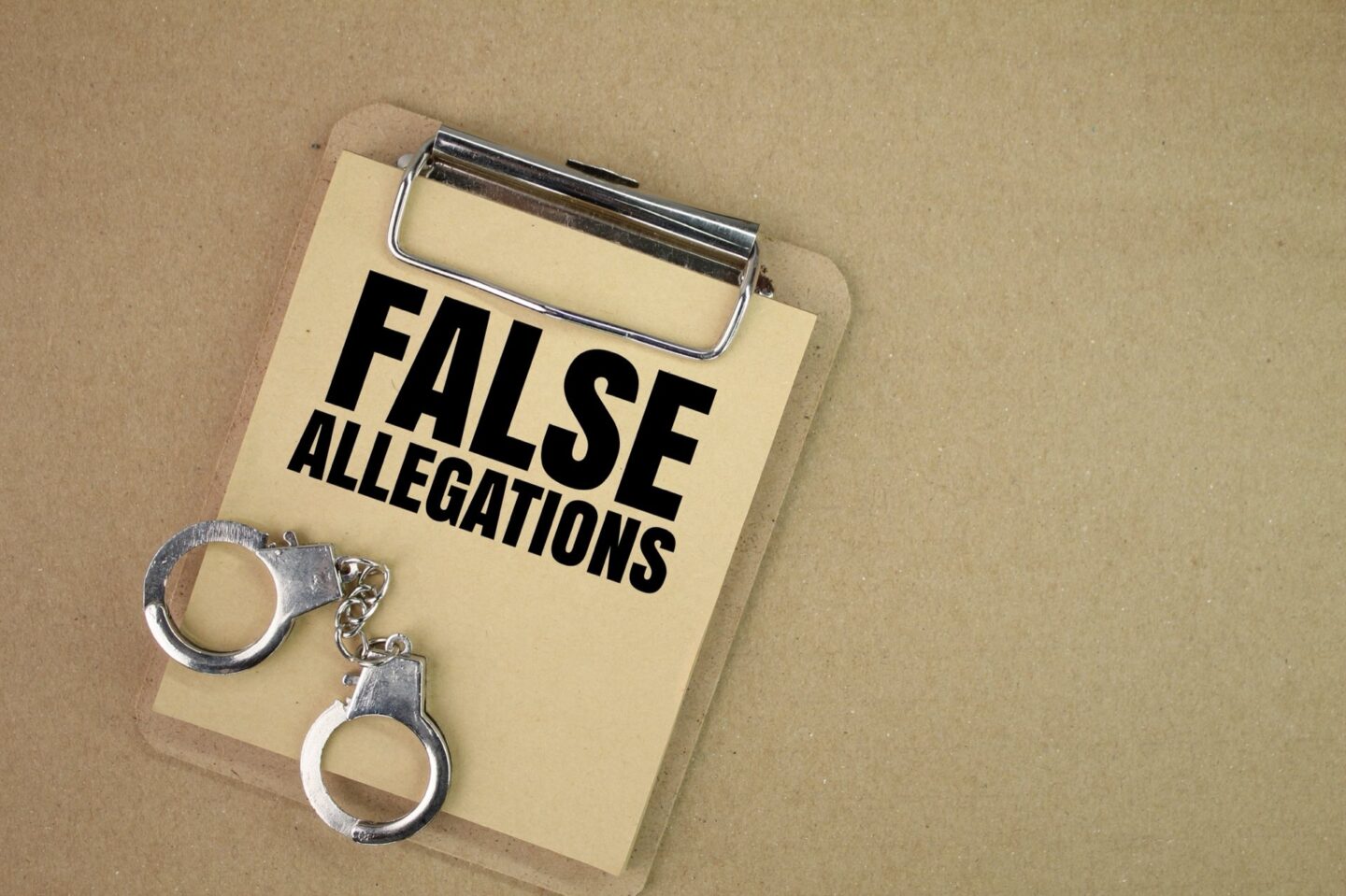 Handcuffs ontop of a clipboard that says false allegations