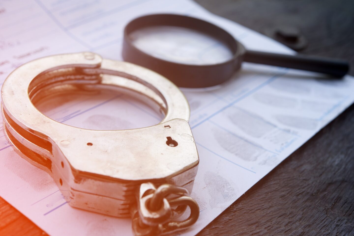 A pair of handcuffs rest on a sheet of fingerprints next to a magnifying glass.